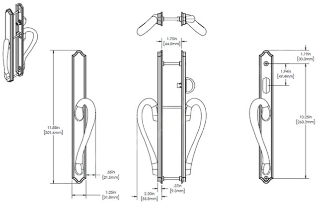 11-7/8" Ashland Sliding Patio Glass Active Door Handle with 10-1/4" Hole Spacing NON-Keyed (DH-347) - Garage and Sliding Door Hardware