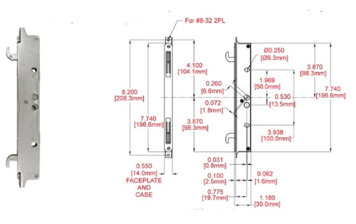7.97" Hole Spacing Two Point Stainless Steel Mortise Lock Replacement for Sliding Patio Glass Door - Dual Point with Outward Hook Locking Mechanism - Garage and Sliding Door Hardware