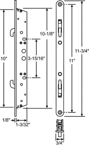 11-3/4" Sliding Door Multi-Point Mortise Lock, No Anti-Slam Pin w/ 11" Hole Spacing  (DL-883) - Garage and Sliding Door Hardware