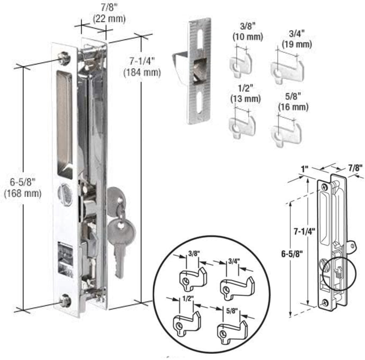 Sliding Door Flush Mount Handle Set with Key Cylinder | Keyed Chrome Flush Mount Sliding Glass Door Handle Set 6-5/8" Screw Holes with 4 Hook Assortment (DL-503-C-K) - Garage and Sliding Door Hardware