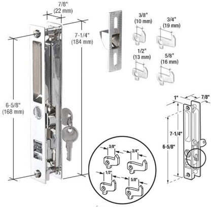 Sliding Door Flush Mount Handle Set with Key Cylinder | Keyed Chrome Flush Mount Sliding Glass Door Handle Set 6-5/8" Screw Holes with 4 Hook Assortment (DL-503-C-K) - Garage and Sliding Door Hardware