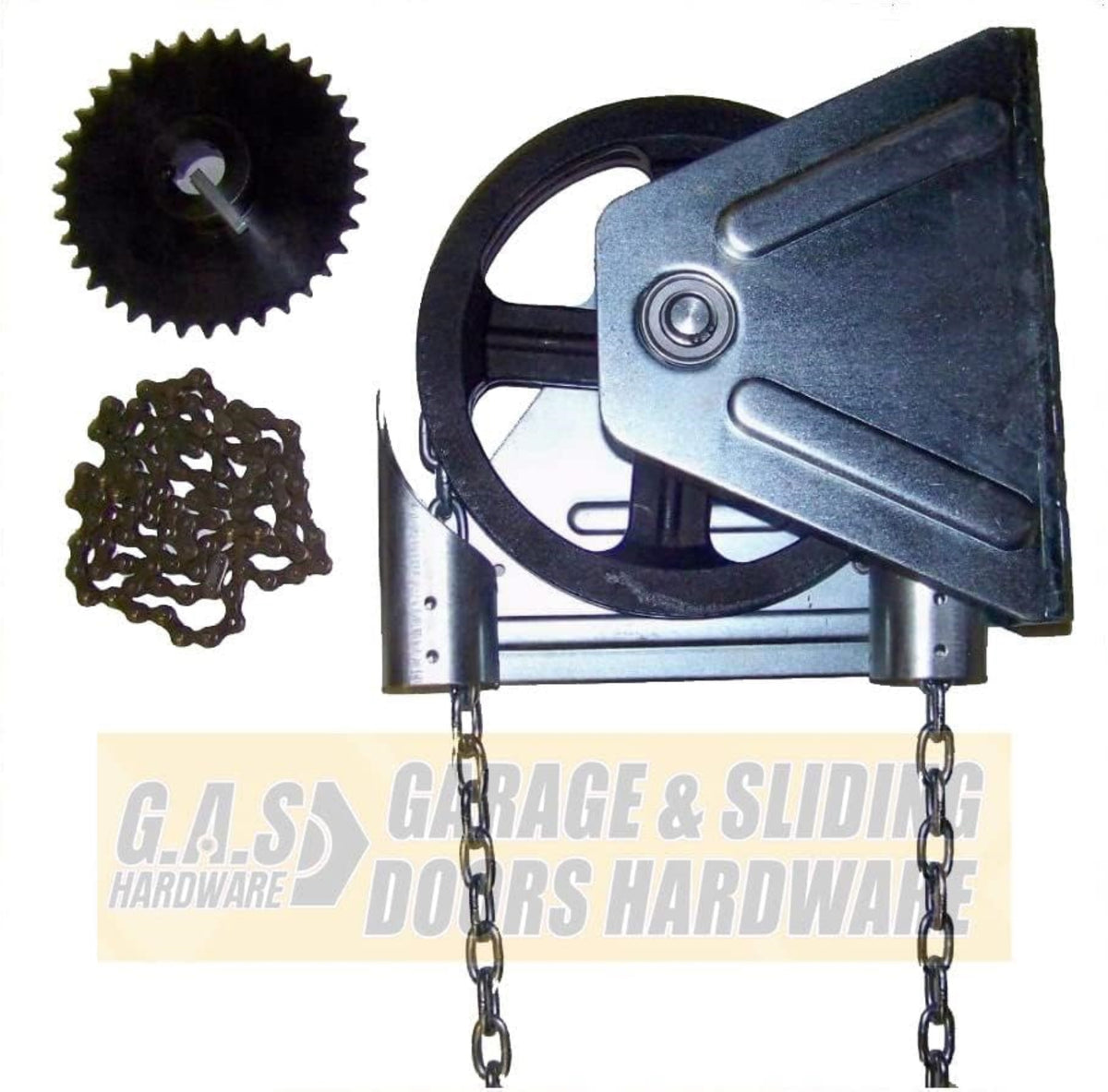 G.A.S Hardware Garage Door Chain Hoist Kit Model 2000R 4:1 Reduction Wall Mount (1 Inch Shaft) - Garage and Sliding Door Hardware