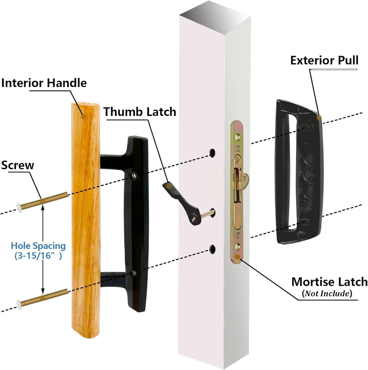 Sliding Patio Glass Door Handle Set Replacement – Diecast with Wood Finish Mortise Style, Fits 3-15/16 In. Hole Spacing - Garage and Sliding Door Hardware
