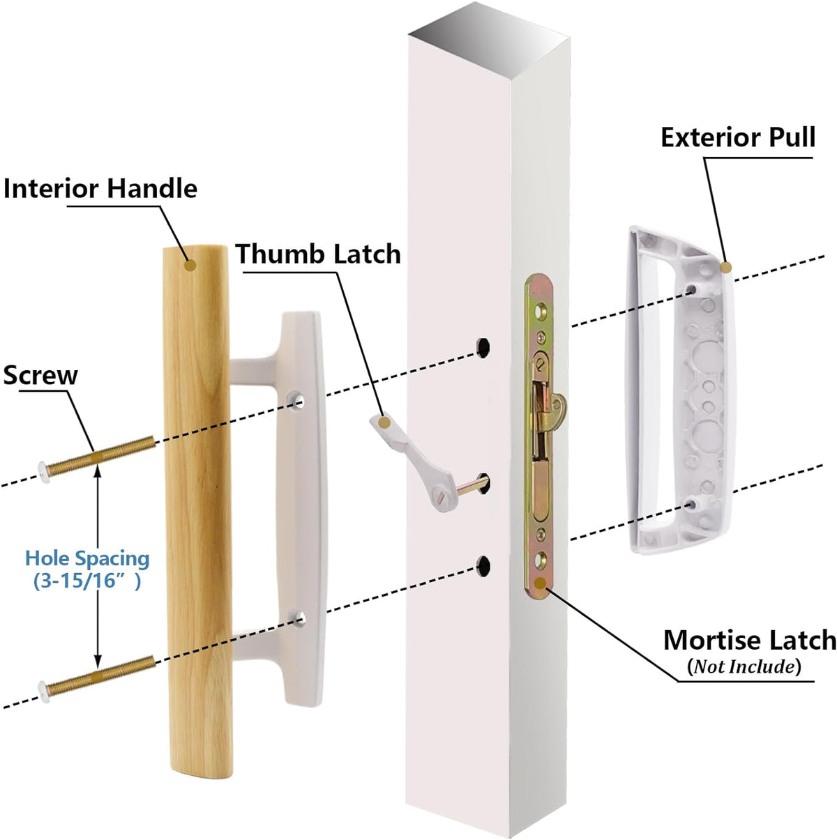 Sliding Patio Glass Door Handle Set Replacement – Diecast with Wood Finish Mortise Style, Fits 3-15/16 In. Hole Spacing - Garage and Sliding Door Hardware