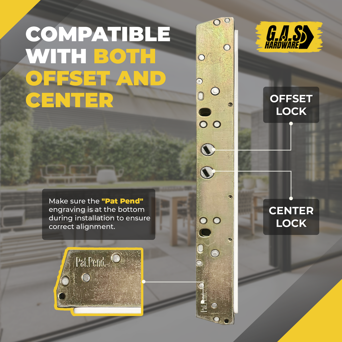 10" Dual Point Mortise Lock, 9-7/8" Hole Spacing, Compatible with either Center or Offset Latch Position - Garage and Sliding Door Hardware