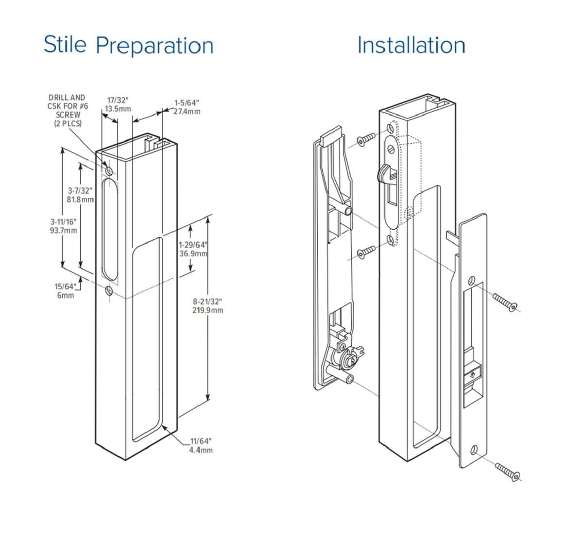 (DH-391-B) Adams Rite Flush Mount Handle No Mortise Lock, Black - Garage and Sliding Door Hardware