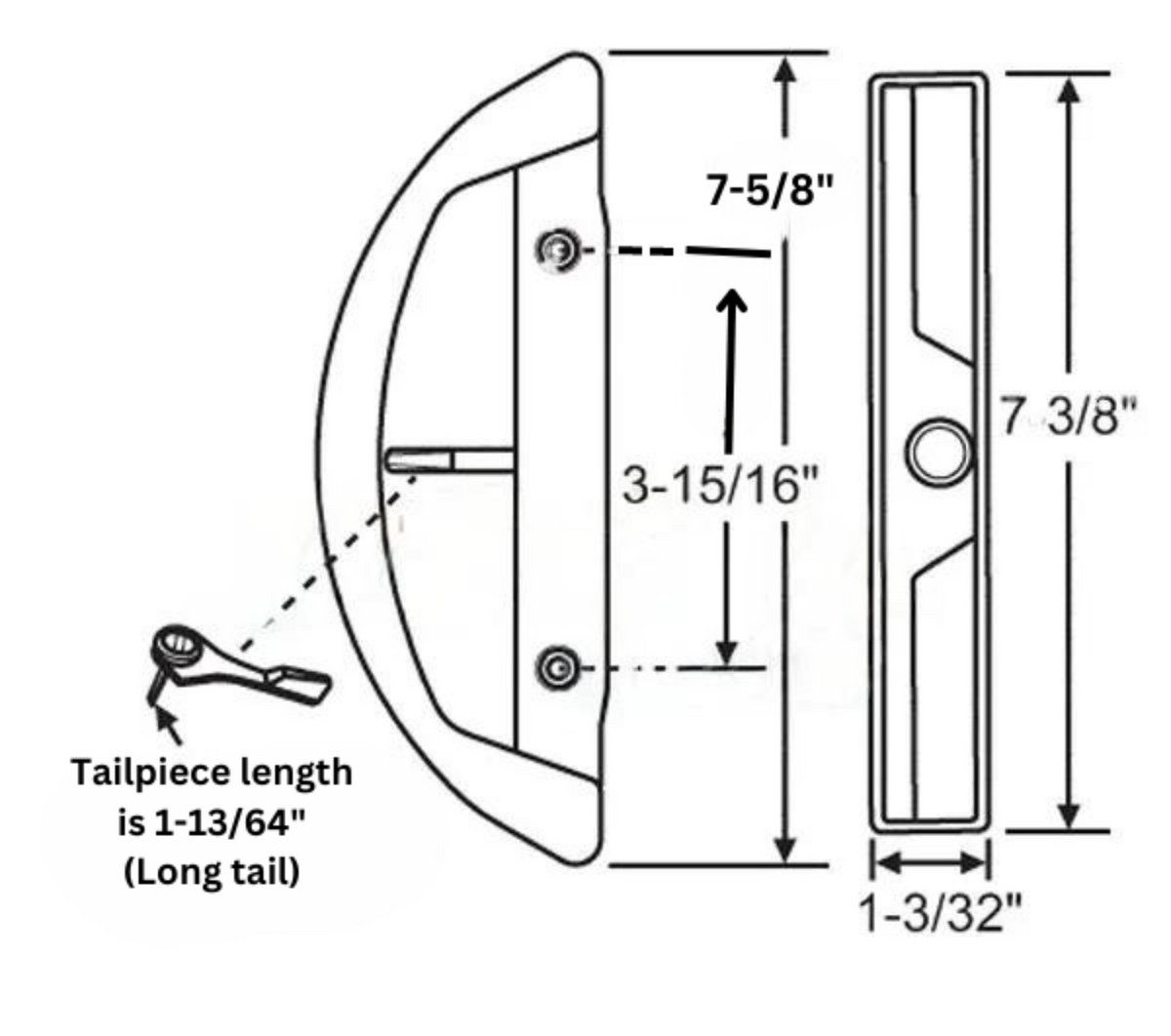 7-5/8" Omega Sliding Patio Glass Door Handle Set with 3-15/16" Hole Spacing - Garage and Sliding Door Hardware