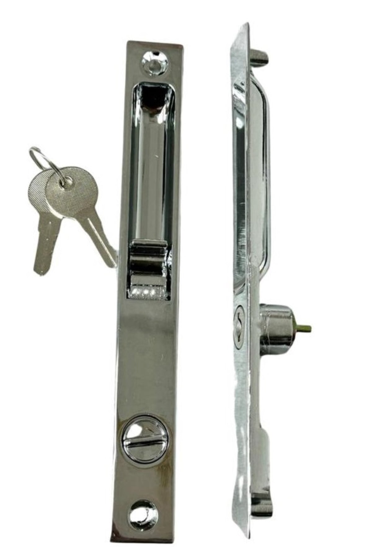 Sliding Door Flush Mount Handle Set with Key Cylinder | Keyed Chrome Flush Mount Sliding Glass Door Handle Set 6-5/8" Screw Holes with 4 Hook Assortment (DL-503-C-K) - Garage and Sliding Door Hardware