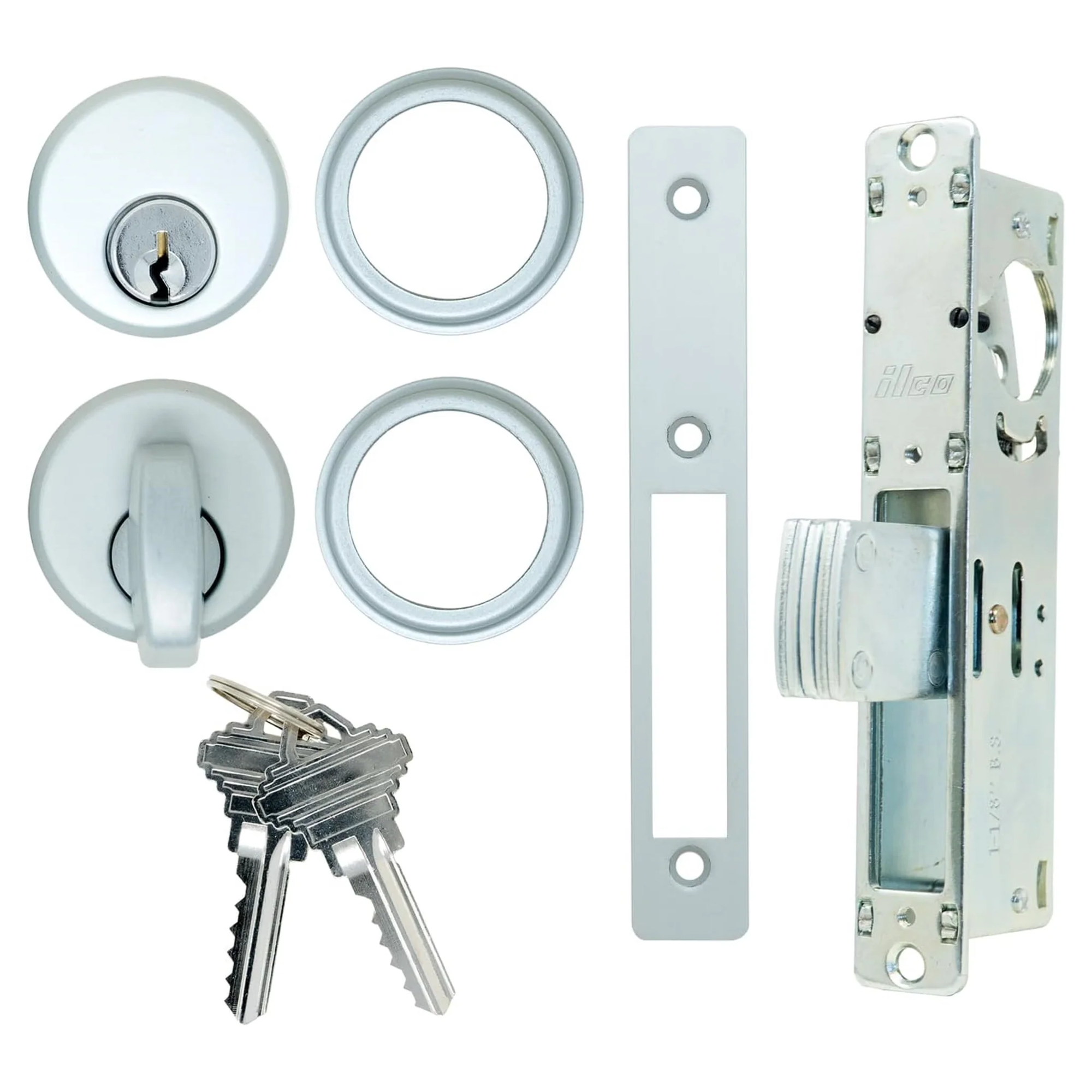Storefront 1-1/8 in. Mortise Deadlock Function Door Lock & Cylinder + Keys Set for Adams Rite Type Storefront Door in Zinc & Aluminum White Finish - Garage and Sliding Door Hardware