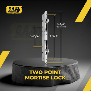 2-Point Sliding Door Outward Mortise Lock, Center Latch 9-7/8" Hole Space  (DL-574-ss) - Garage and Sliding Door Hardware