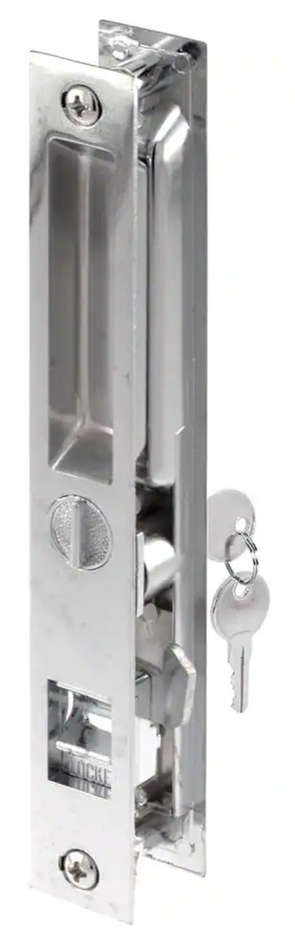 Sliding Door Flush Mount Handle Set with Key Cylinder | Keyed Chrome Flush Mount Sliding Glass Door Handle Set 6-5/8" Screw Holes with 4 Hook Assortment (DL-503-C-K) - Garage and Sliding Door Hardware