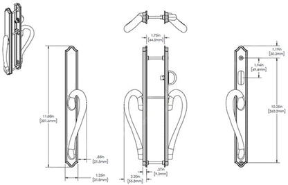 11-7/8" Ashland Sliding Patio Glass Active Door Handle with 10-1/4" Hole Spacing  NON-Keyed (DH-347) - Garage and Sliding Door Hardware